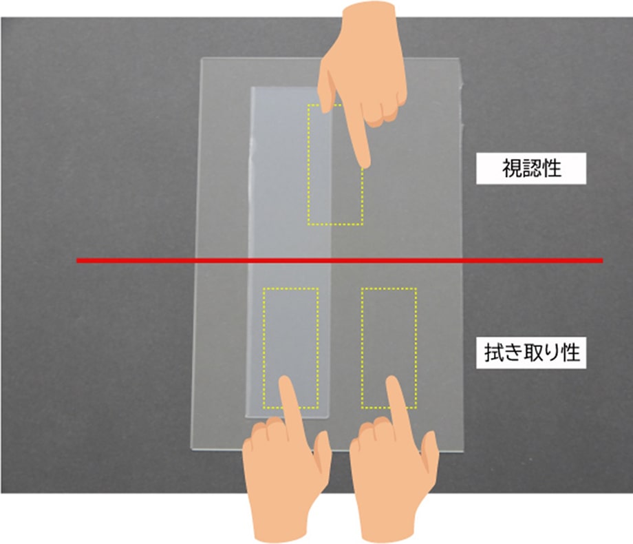 （上側）ガラス板とフィルムの境界部 【視認性の評価】（下側）ガラス板上とフィルム上の各々 【拭き取り性の評価】